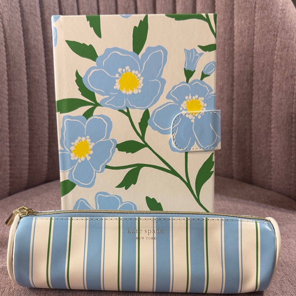 Kate Spade Blue and Green Floral Notebook with Striped Pencil Case